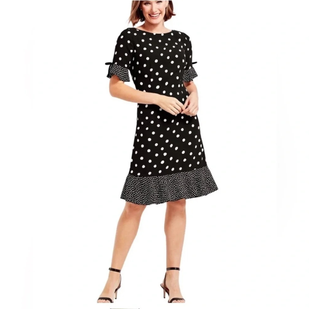 Talbots Black & White Polka Dot Shift Dress Ruffle Sleeve SZ 4 Classy Mature